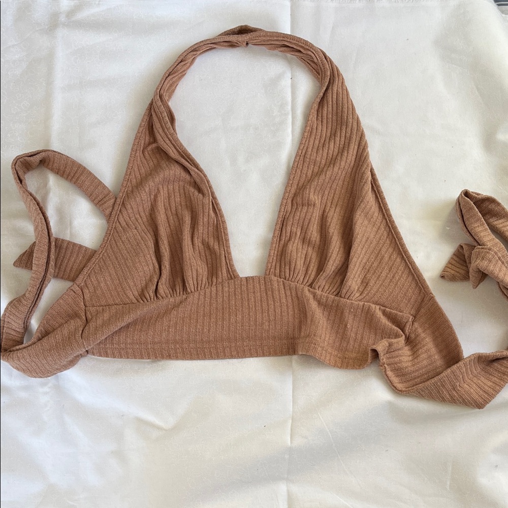 Ribbed Halter Top tan with tie